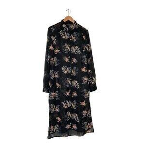 Long Tall Sally Shirt Dress Size 10 Floral Birds Sheer Button Down Midi